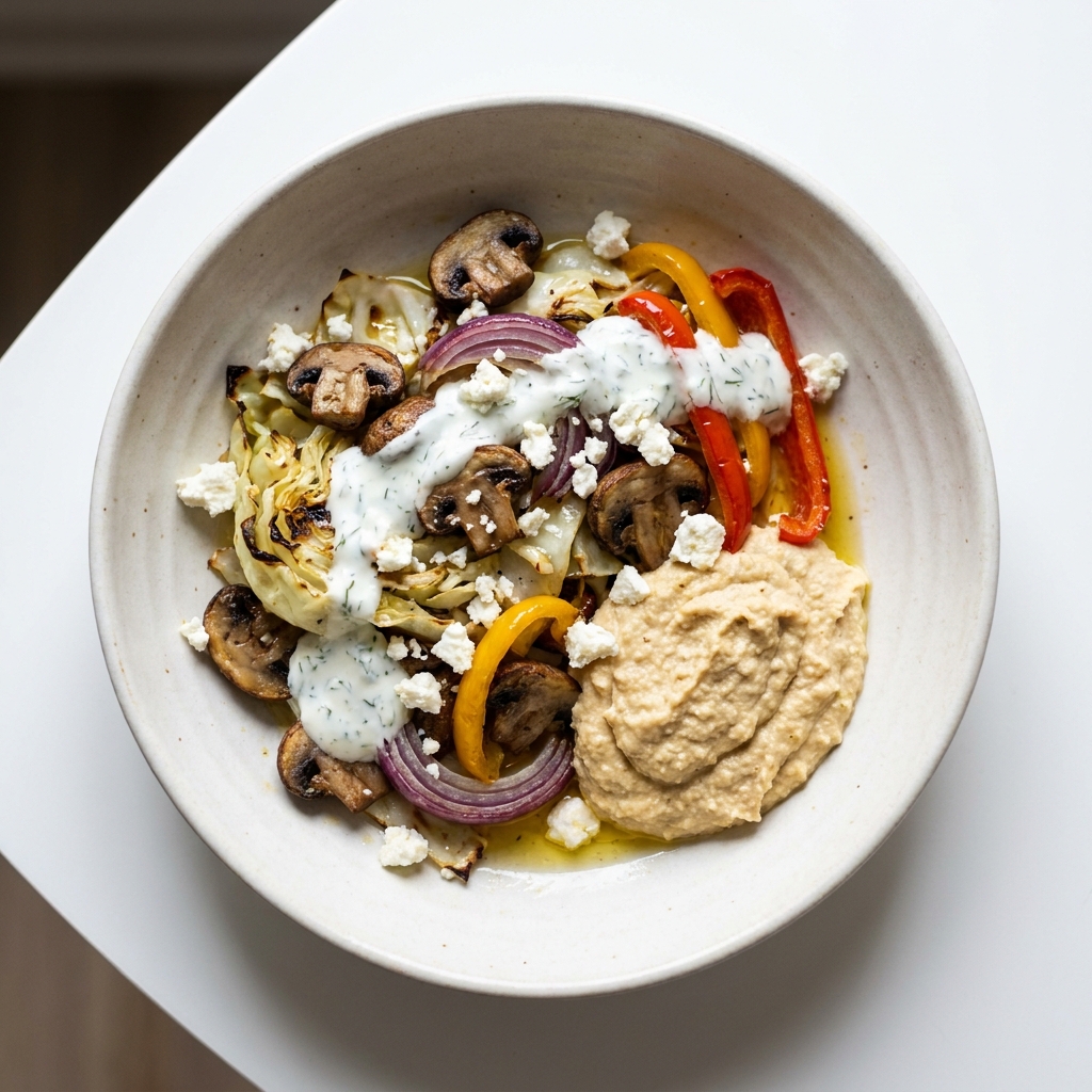 Roasted Mediterranean Vegetable Bowl With Hummus And Tzatziki, prepared as a finished Lila recipe