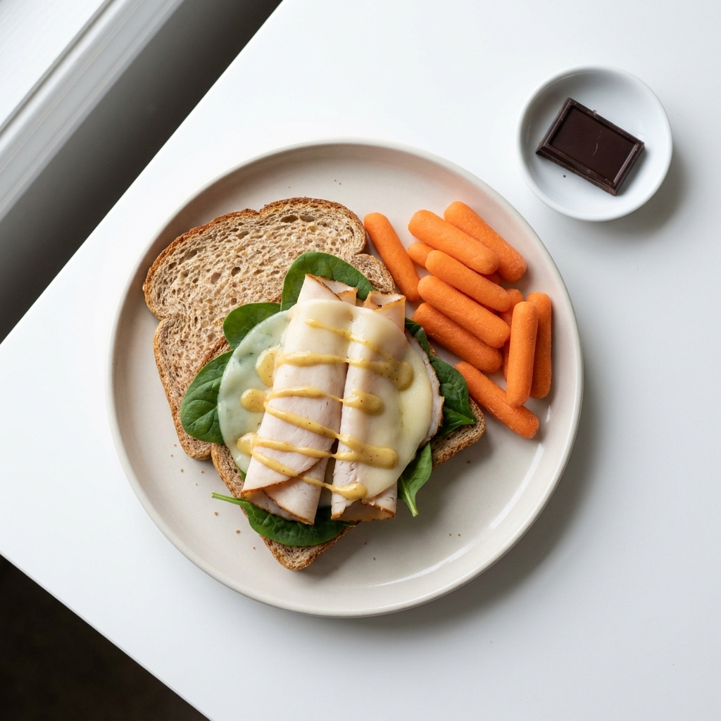 Turkey and Provolone Whole Wheat Sandwich with Baby Carrots, prepared as a finished Lila recipe
