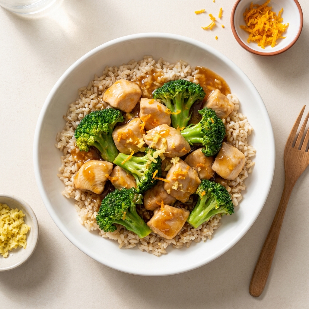 Zesty Orange Ginger Chicken With Broccoli, prepared as a finished Lila recipe