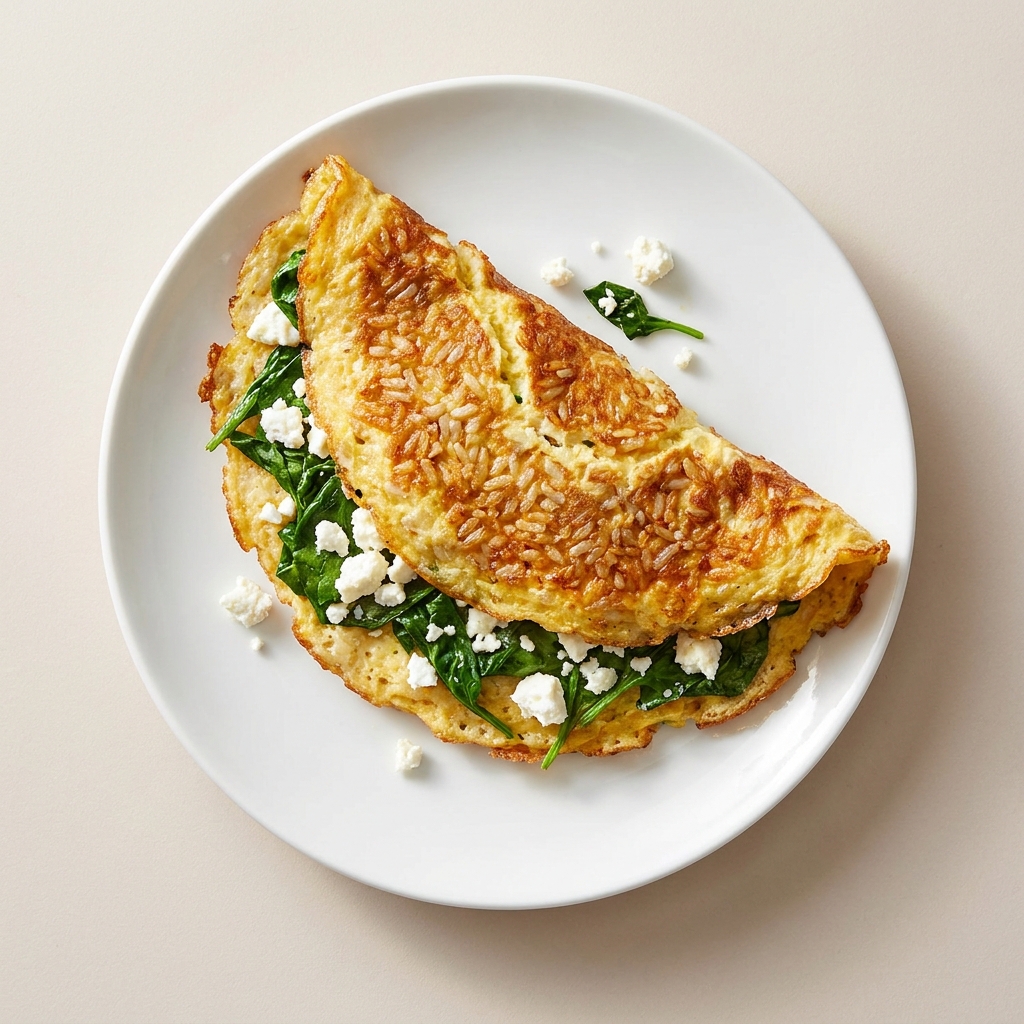 Crispy Rice Omelette With Spinach And Feta, prepared as a finished Lila recipe