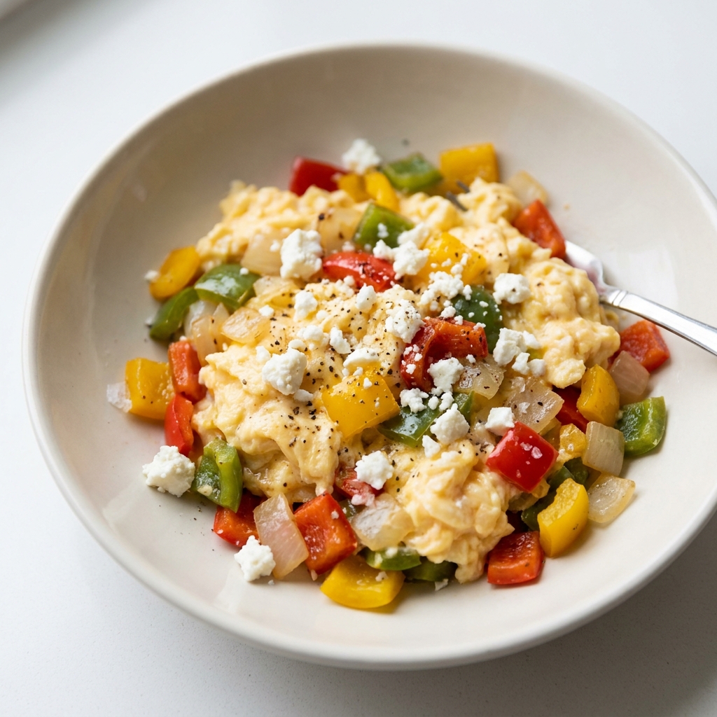 Scrambled Eggs with Bell Peppers and Feta, prepared as a finished Lila recipe