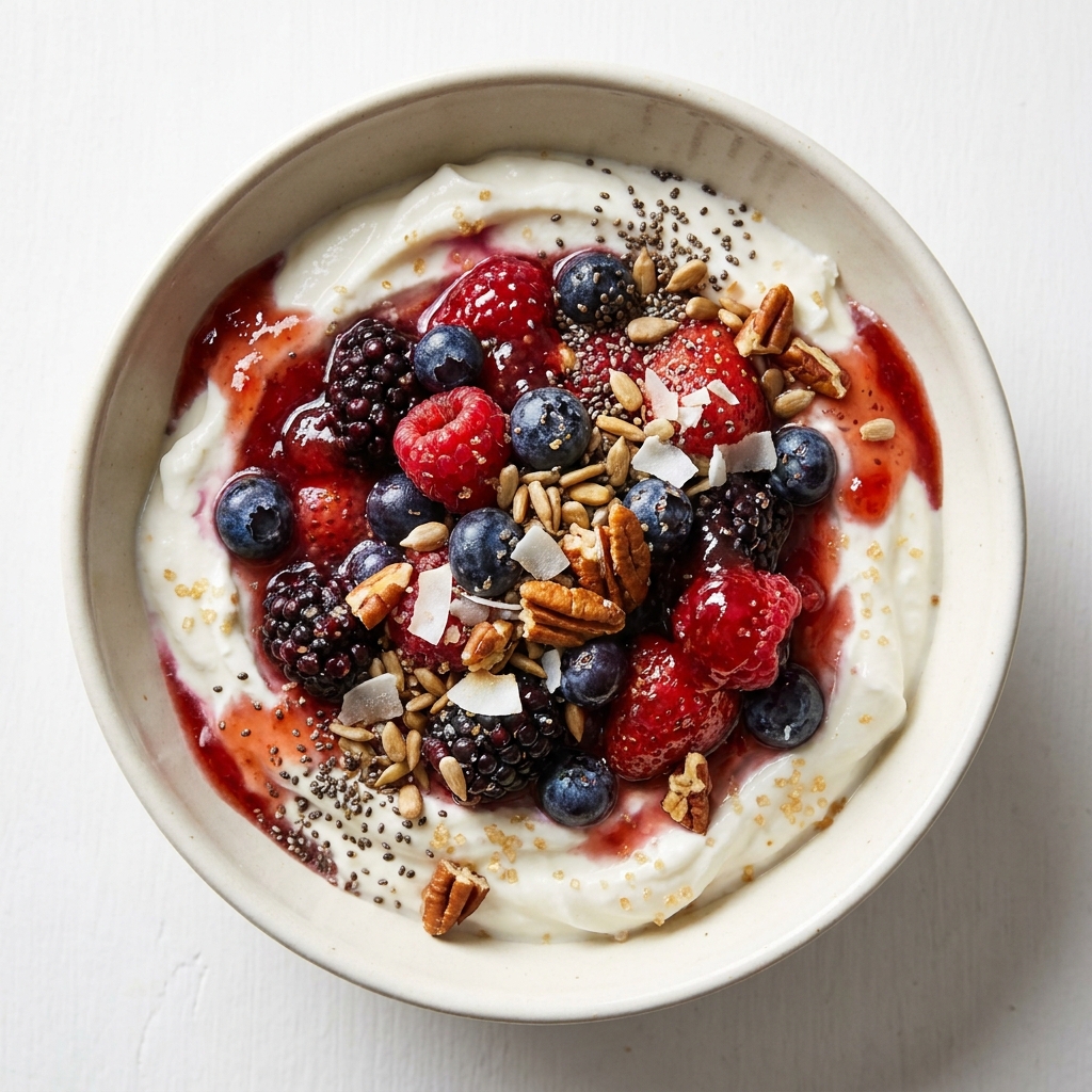 Berry And Seed Greek Yogurt Power Bowl, prepared as a finished Lila recipe
