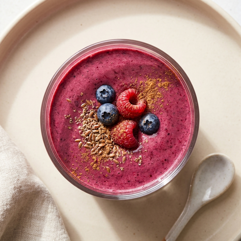 Berry And Flax Hormone Balancing Smoothie, prepared as a finished Lila recipe