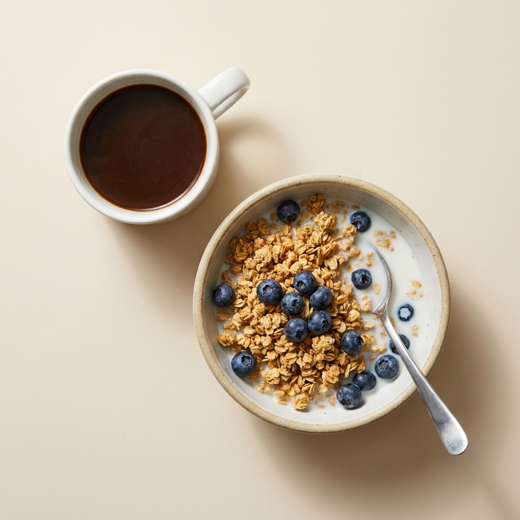 Mushroom Coffee and Berry Granola Bowl, prepared as a finished Lila recipe