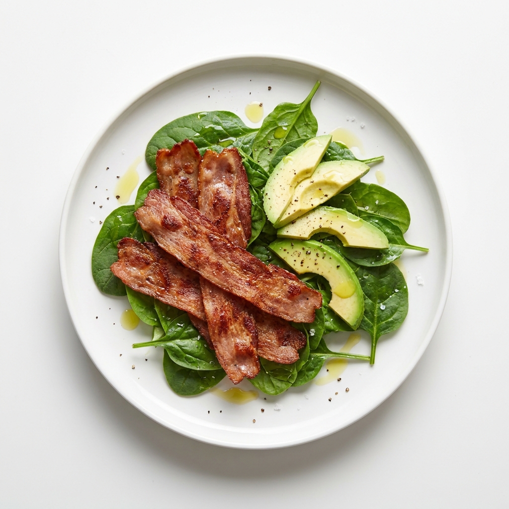 Crispy Turkey Bacon With Avocado And Spinach, prepared as a finished Lila recipe