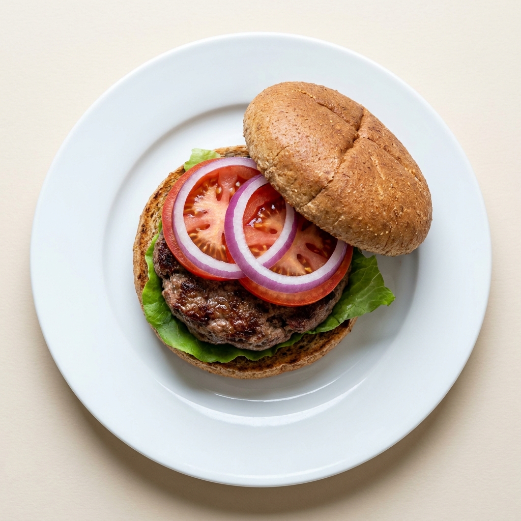 Classic Lean Beef Burger On Whole Wheat, prepared as a finished Lila recipe
