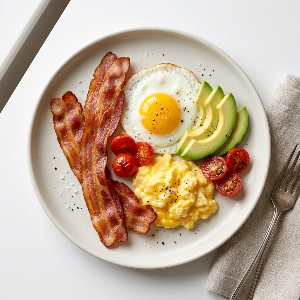 Turkey Bacon and Avocado Breakfast Plate, prepared as a finished Lila recipe